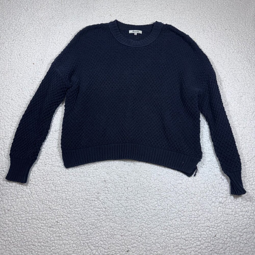 Madewell French Quarter Pullover Sweater Chunky Knit Crew Neck Navy Cotton L - Picture 4 of 7